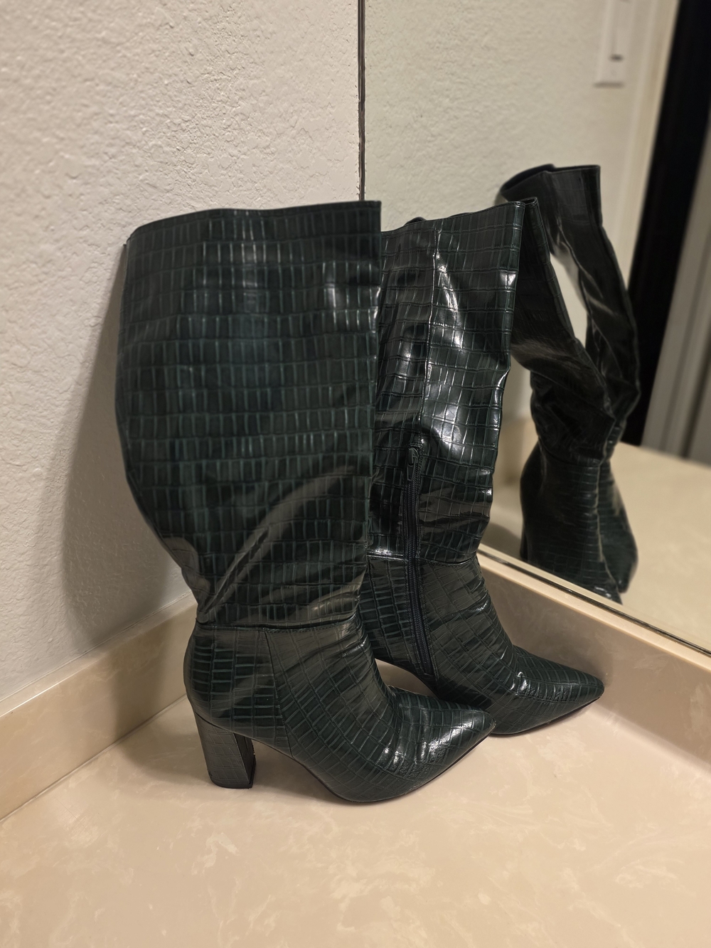 Women's Dark Green Croc-Embossed Mid-Calf Boots
